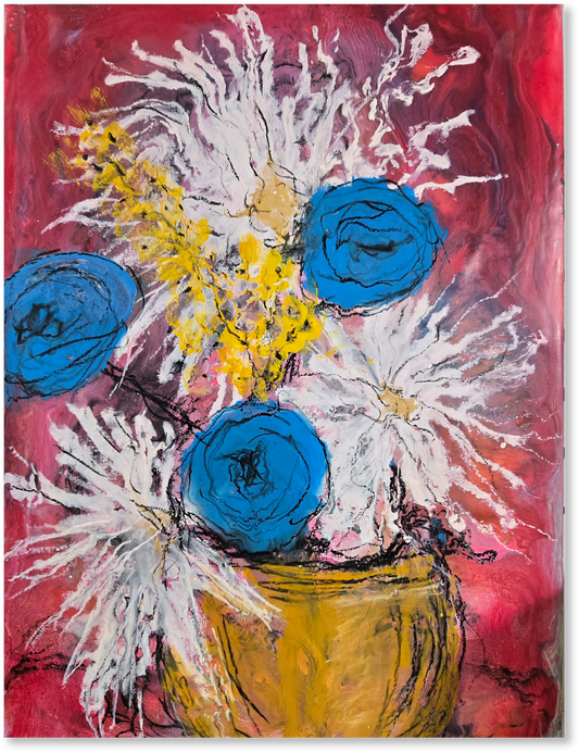Abstract painting of flowers in a vase with blue, yellow, and white colors on a red background.