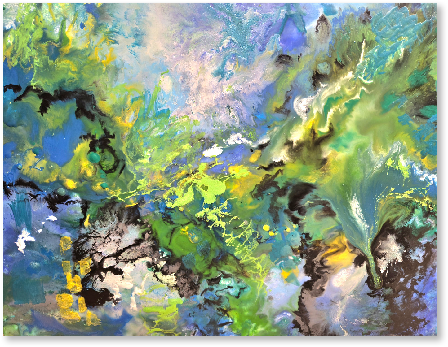 Abstract painting with a mix of green, blue, and yellow colors.