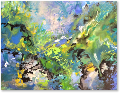 Abstract painting with a mix of green, blue, and yellow colors.