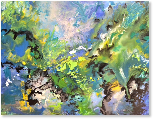 Abstract painting with a mix of green, blue, and yellow colors.