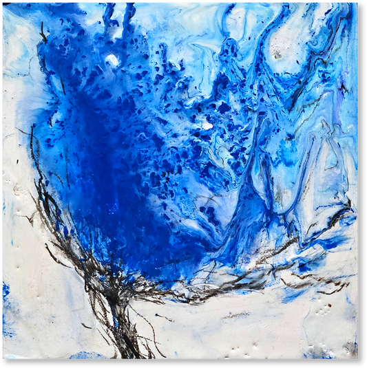 Abstract art piece with blue and white colors on a white background
