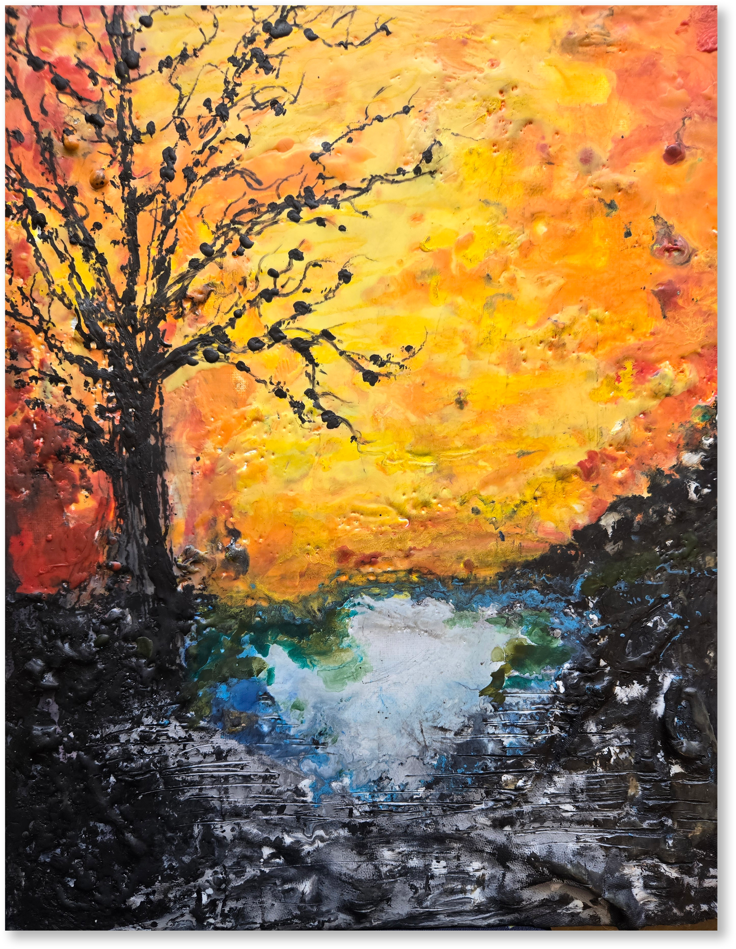 Artistic depiction of a tree by a river with a vibrant sunset sky.