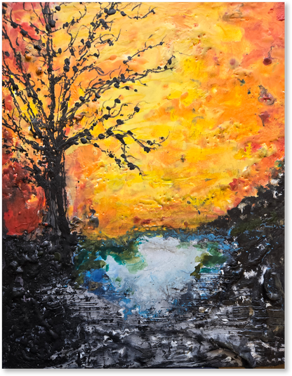 Artistic depiction of a tree by a river with a vibrant sunset sky.