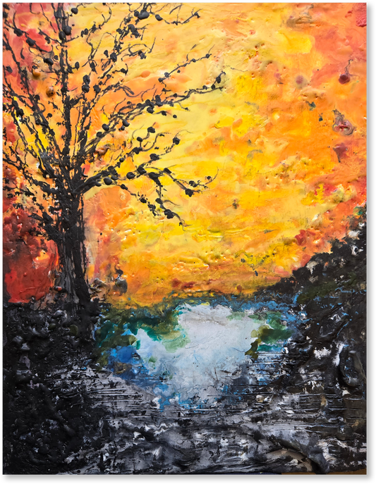 Artistic depiction of a tree by a river with a vibrant sunset sky.