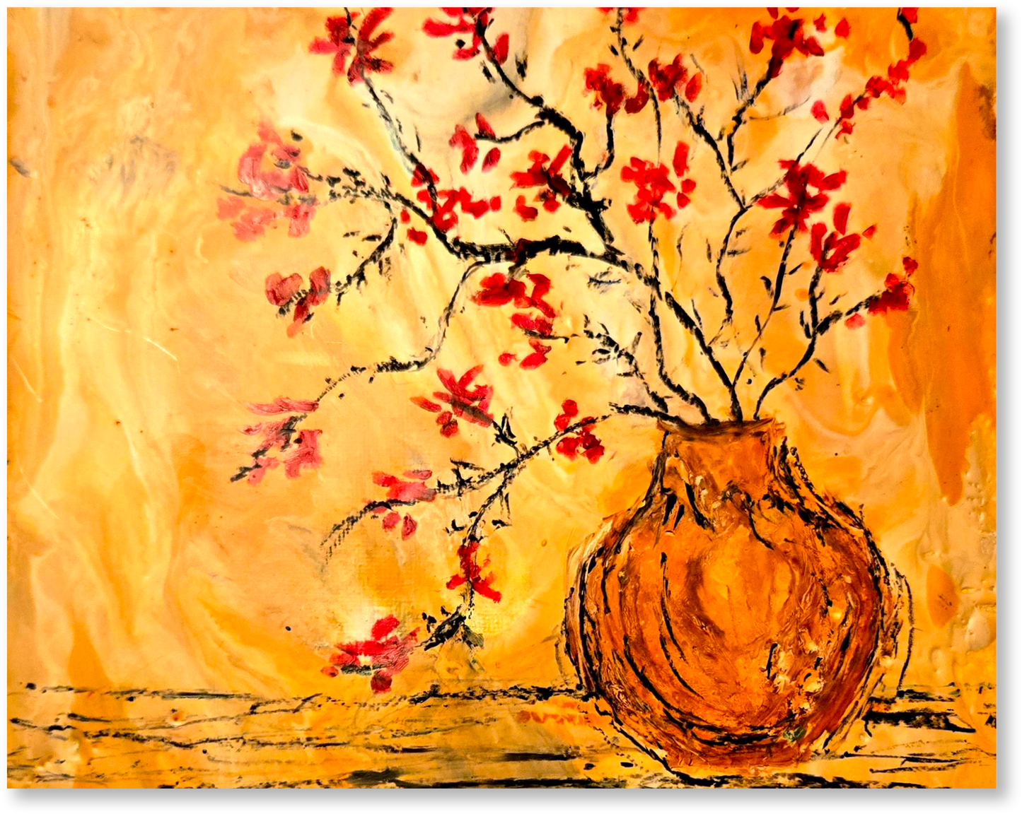 Artistic depiction of a vase with red flowers on an orange background