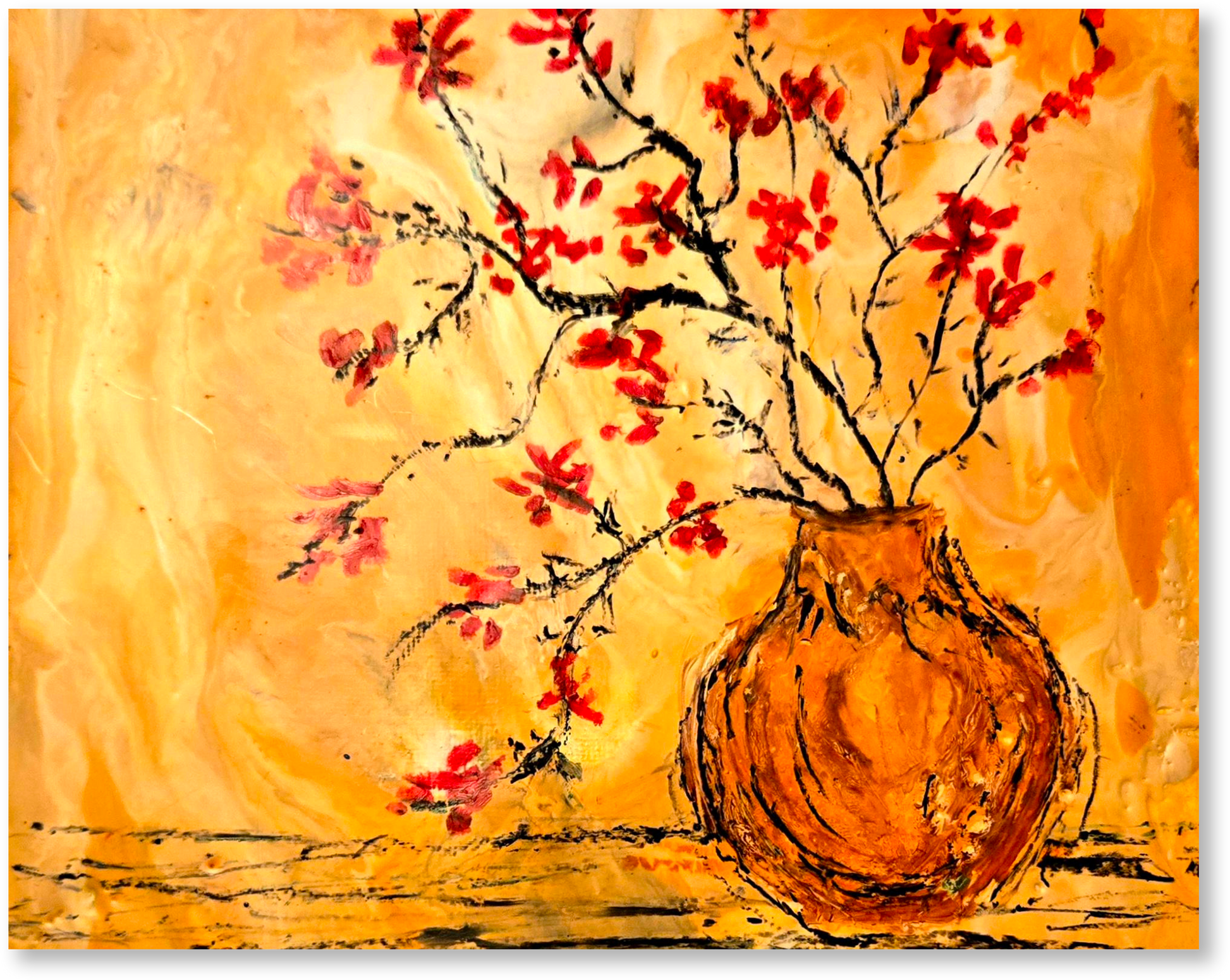 Artistic depiction of a vase with red flowers on an orange background