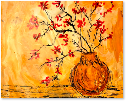 Artistic depiction of a vase with red flowers on an orange background