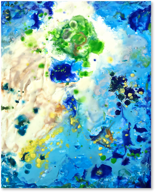Abstract art with blue, green, and white colors