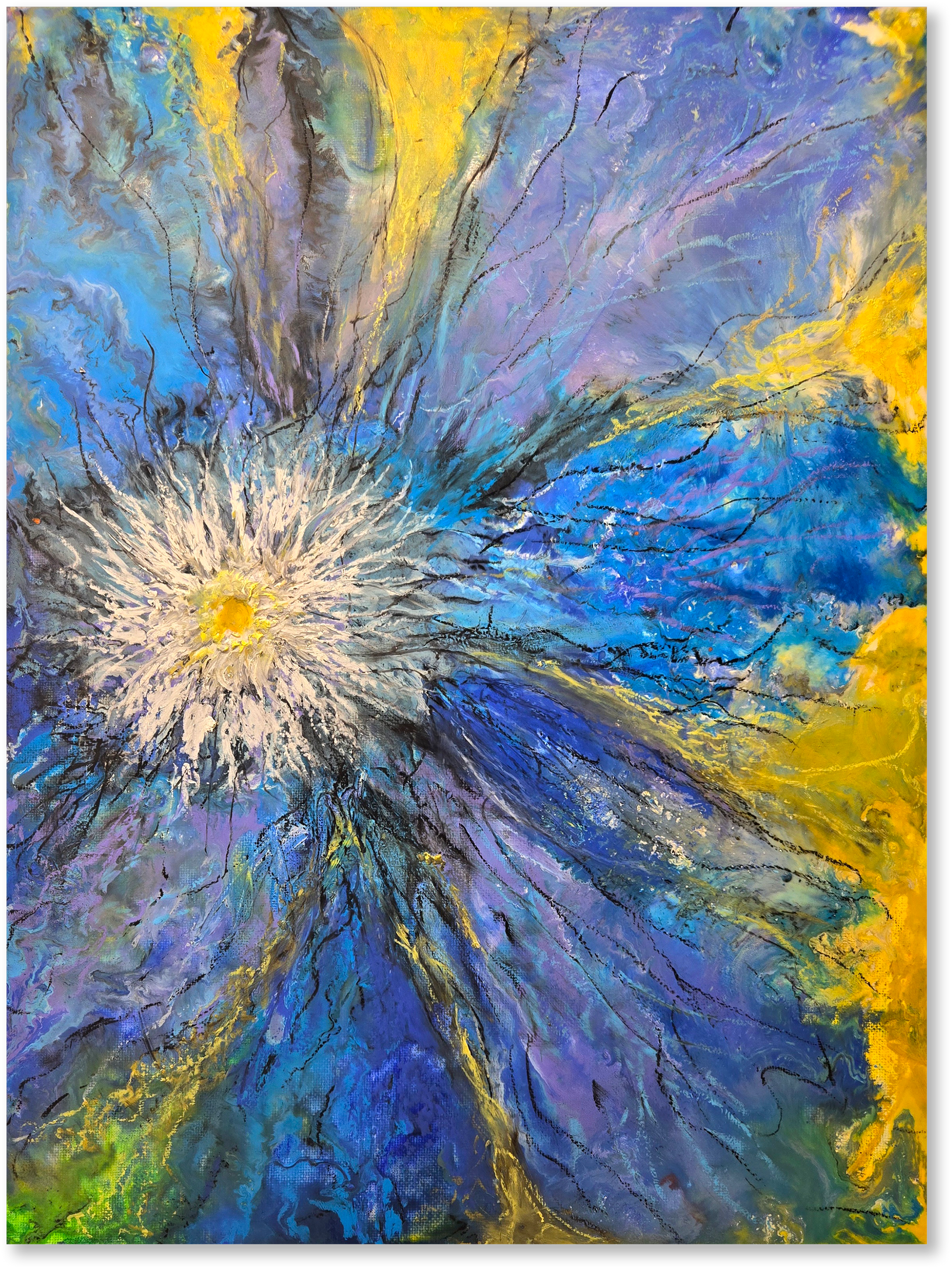 Abstract painting with blue, yellow, and green colors