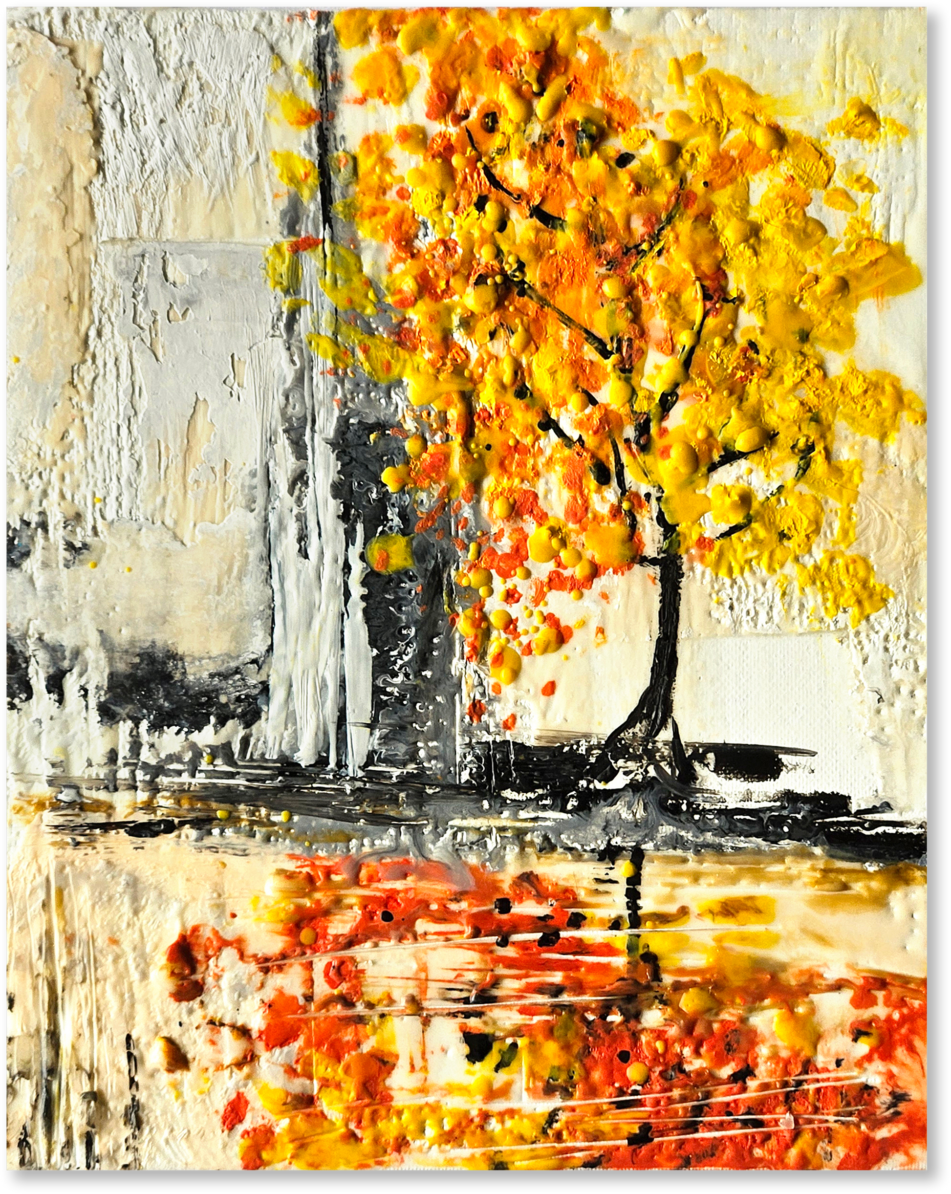 Abstract painting of a tree with autumn leaves on a textured background