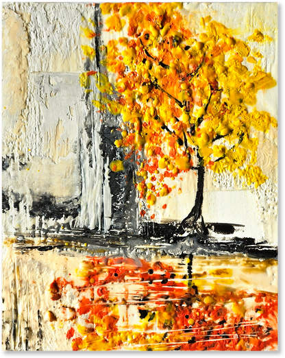 Abstract painting of a tree with autumn leaves on a textured background