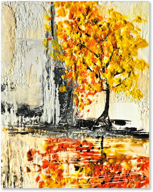 Abstract painting of a tree with autumn leaves on a textured background