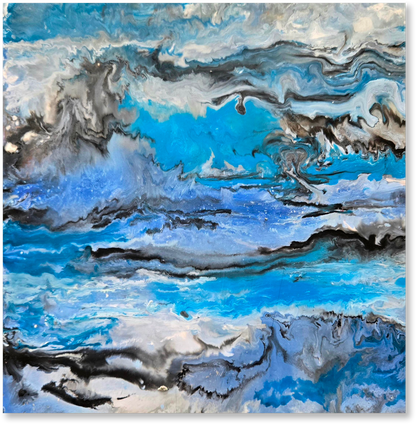 Abstract painting of swirling blue and gray colors