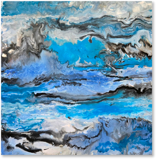 Abstract painting of swirling blue and gray colors