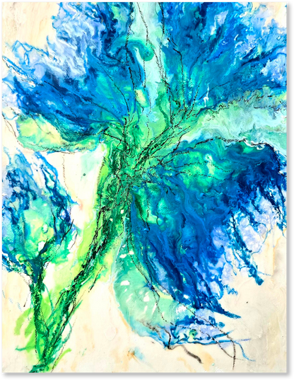 Abstract art piece with blue and green colors on a beige background