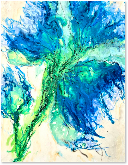Abstract art piece with blue and green colors on a beige background