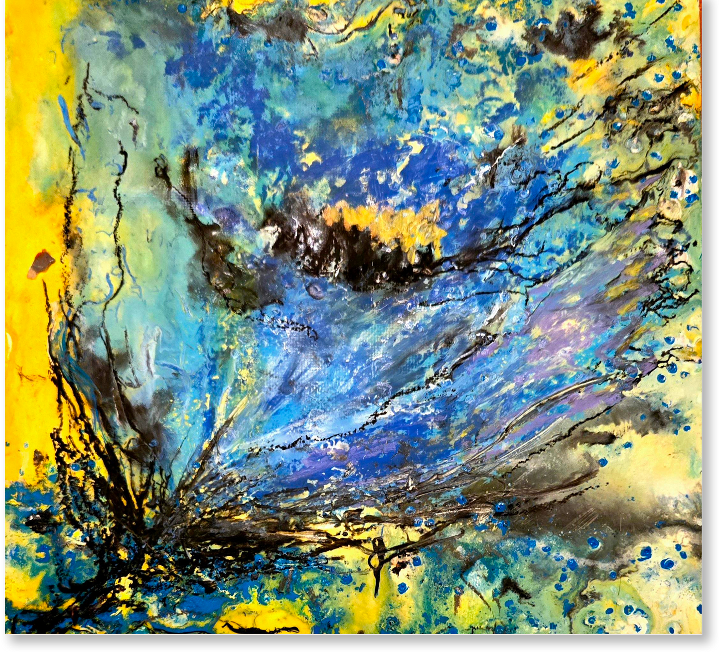 Abstract painting with blue, yellow, and black colors on a white background