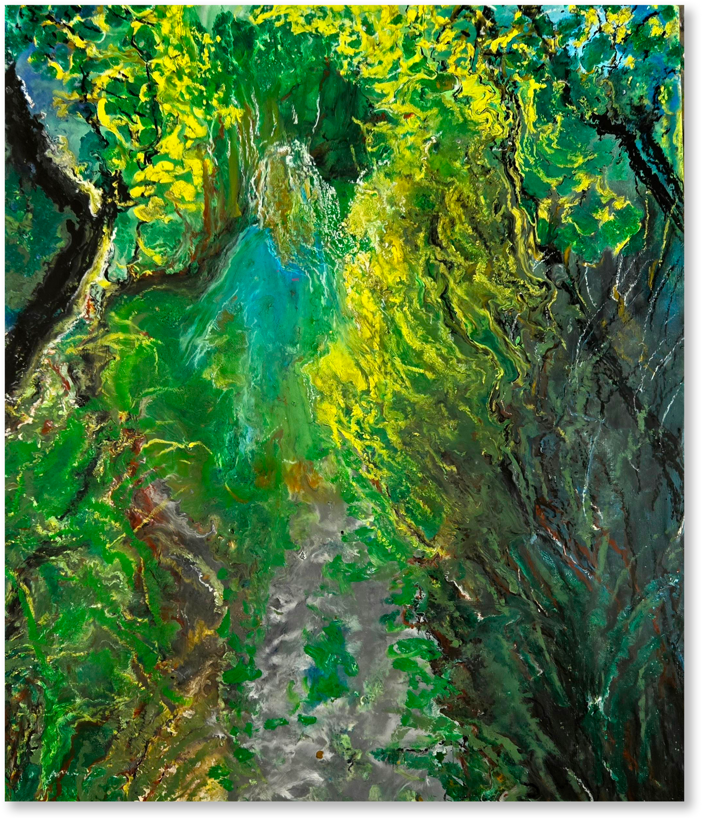 Abstract painting with swirling green, yellow, and blue colors
