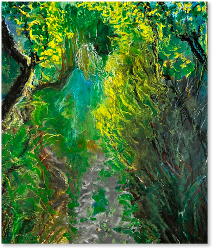 Abstract painting with swirling green, yellow, and blue colors