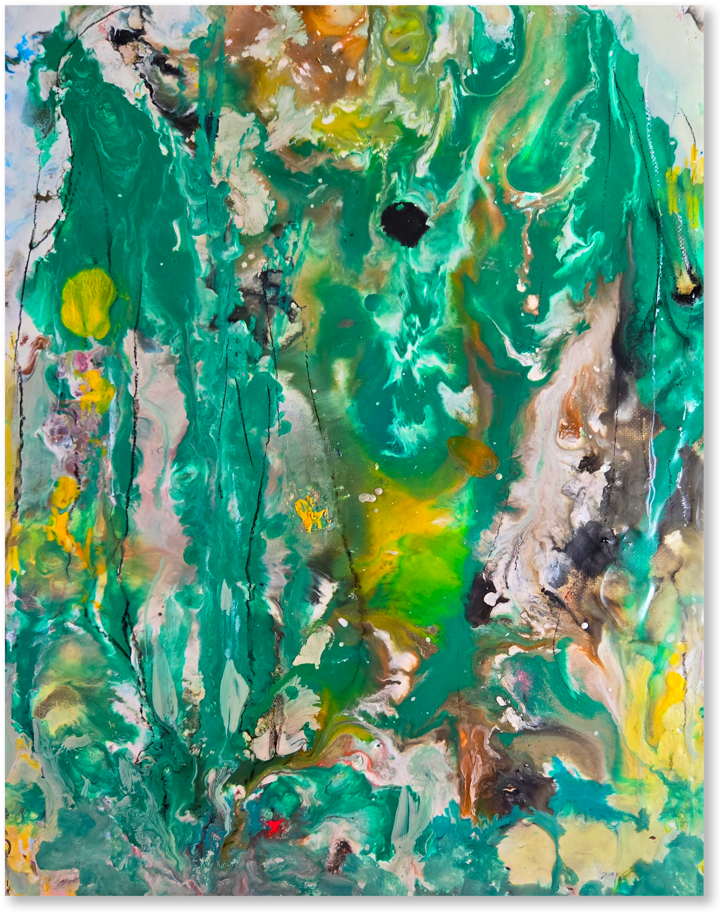 Abstract painting with a mix of green, yellow, and brown colors on a white background