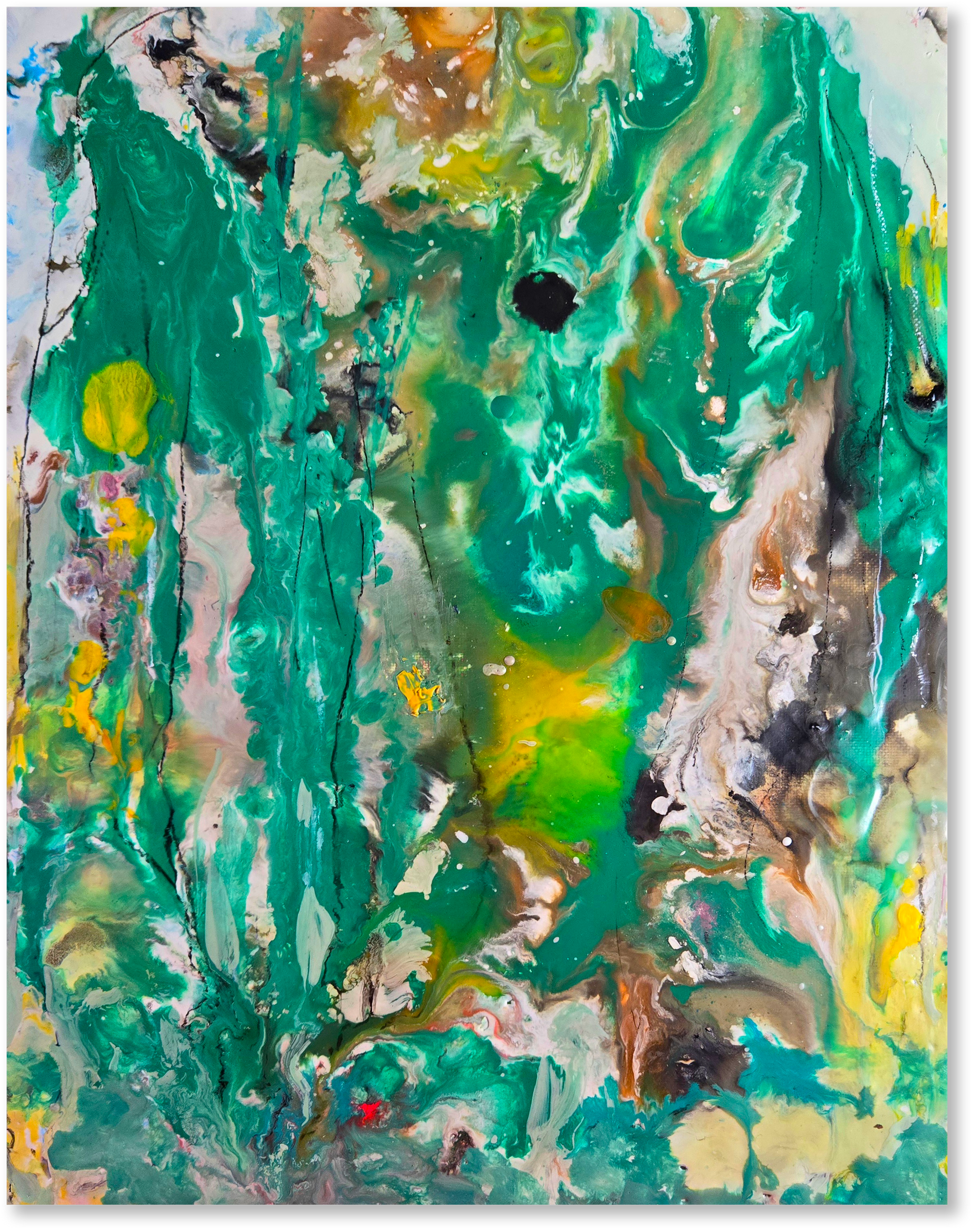 Abstract painting with a mix of green, yellow, and brown colors on a white background