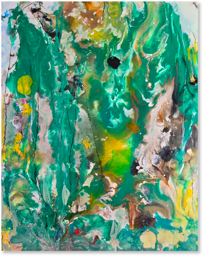 Abstract painting with a mix of green, yellow, and brown colors on a white background