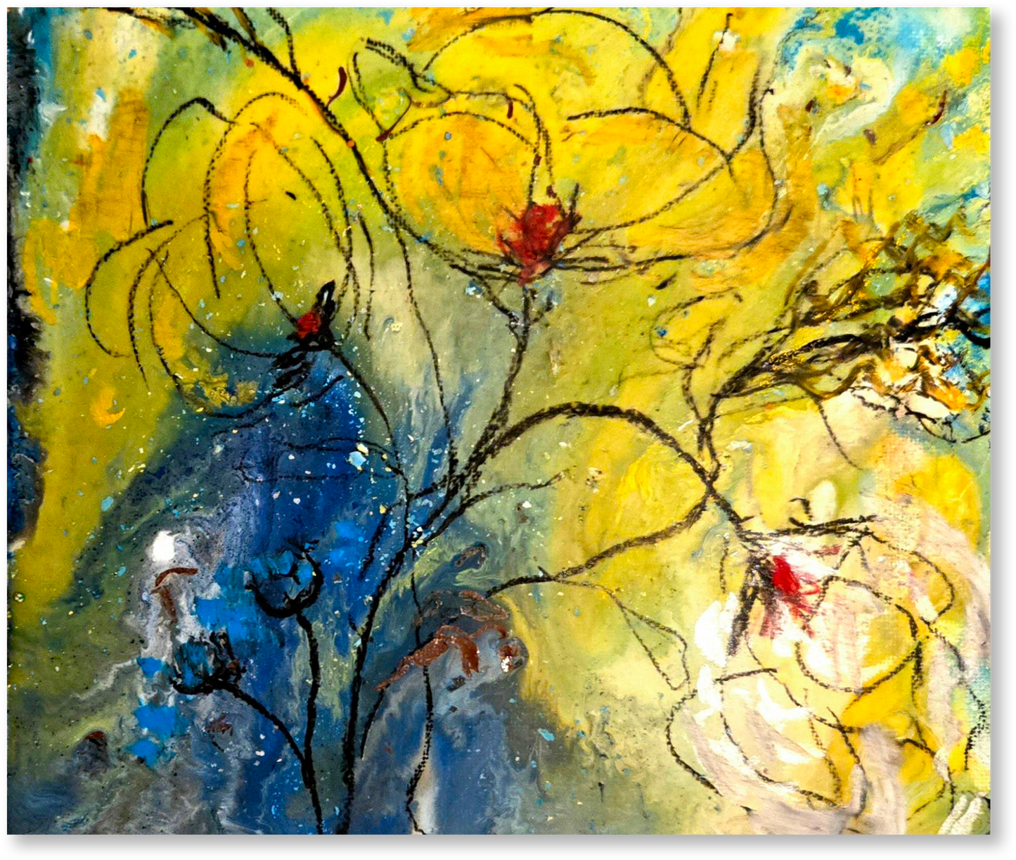 Abstract artwork with yellow, blue, and red colors