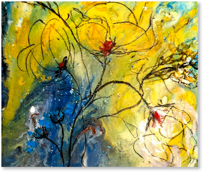 Abstract artwork with yellow, blue, and red colors