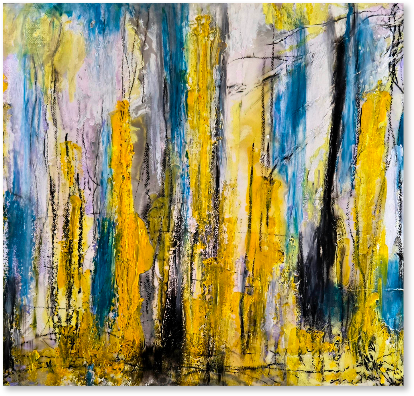 Abstract art with yellow, blue, and gray brush strokes