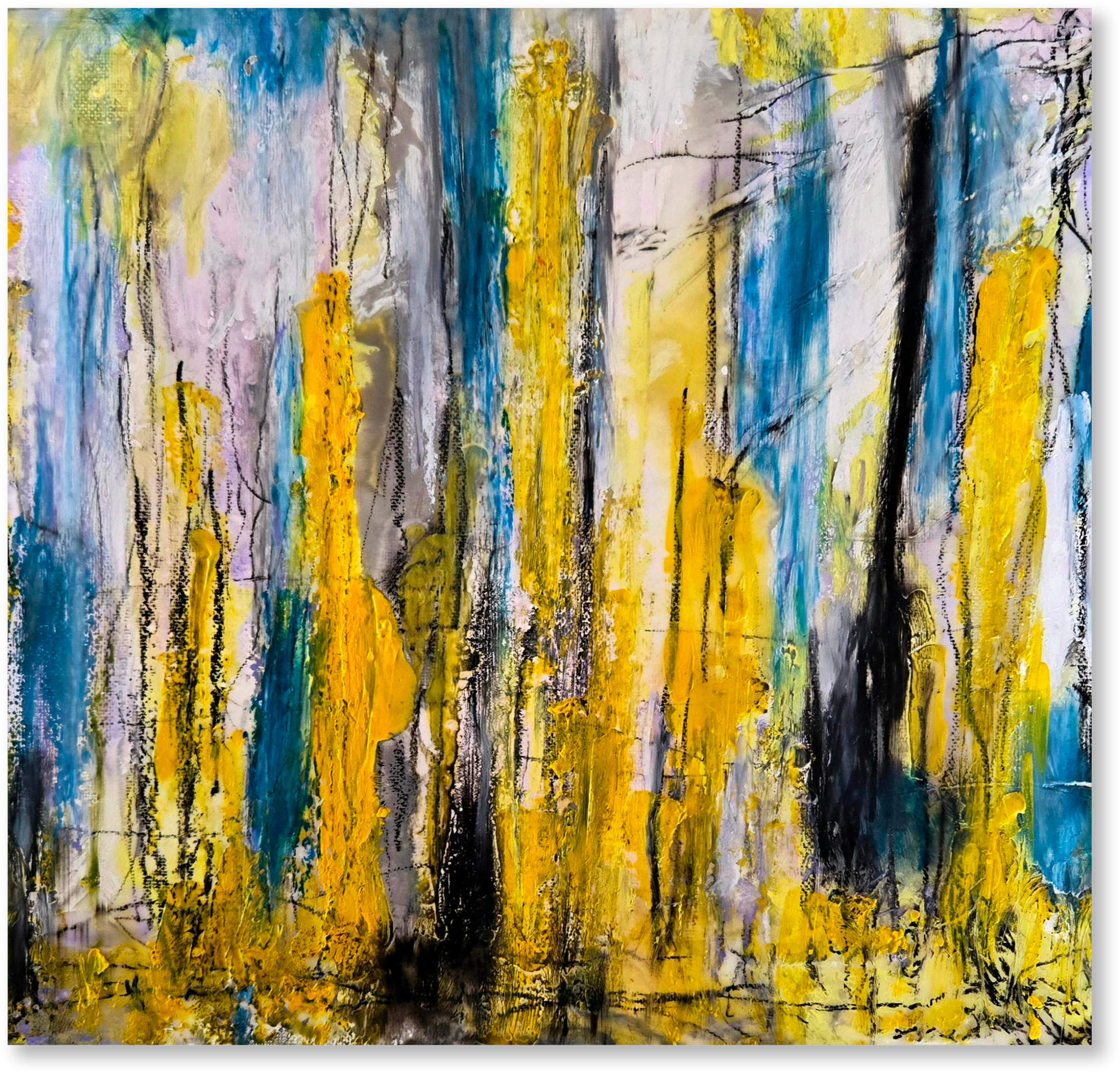 Abstract art with yellow, blue, and gray brush strokes