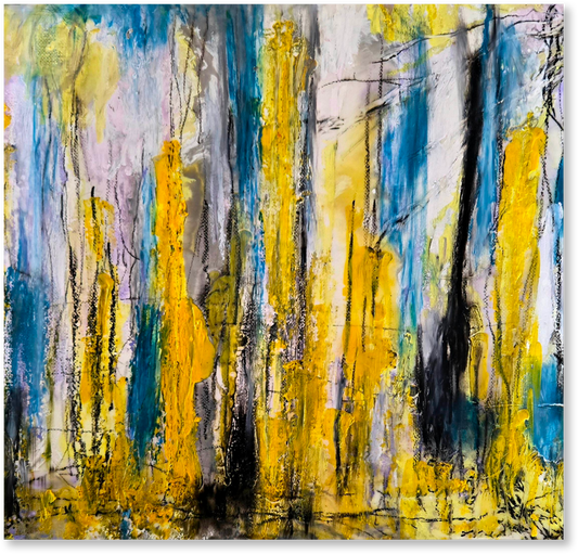 Abstract art with yellow, blue, and gray brush strokes