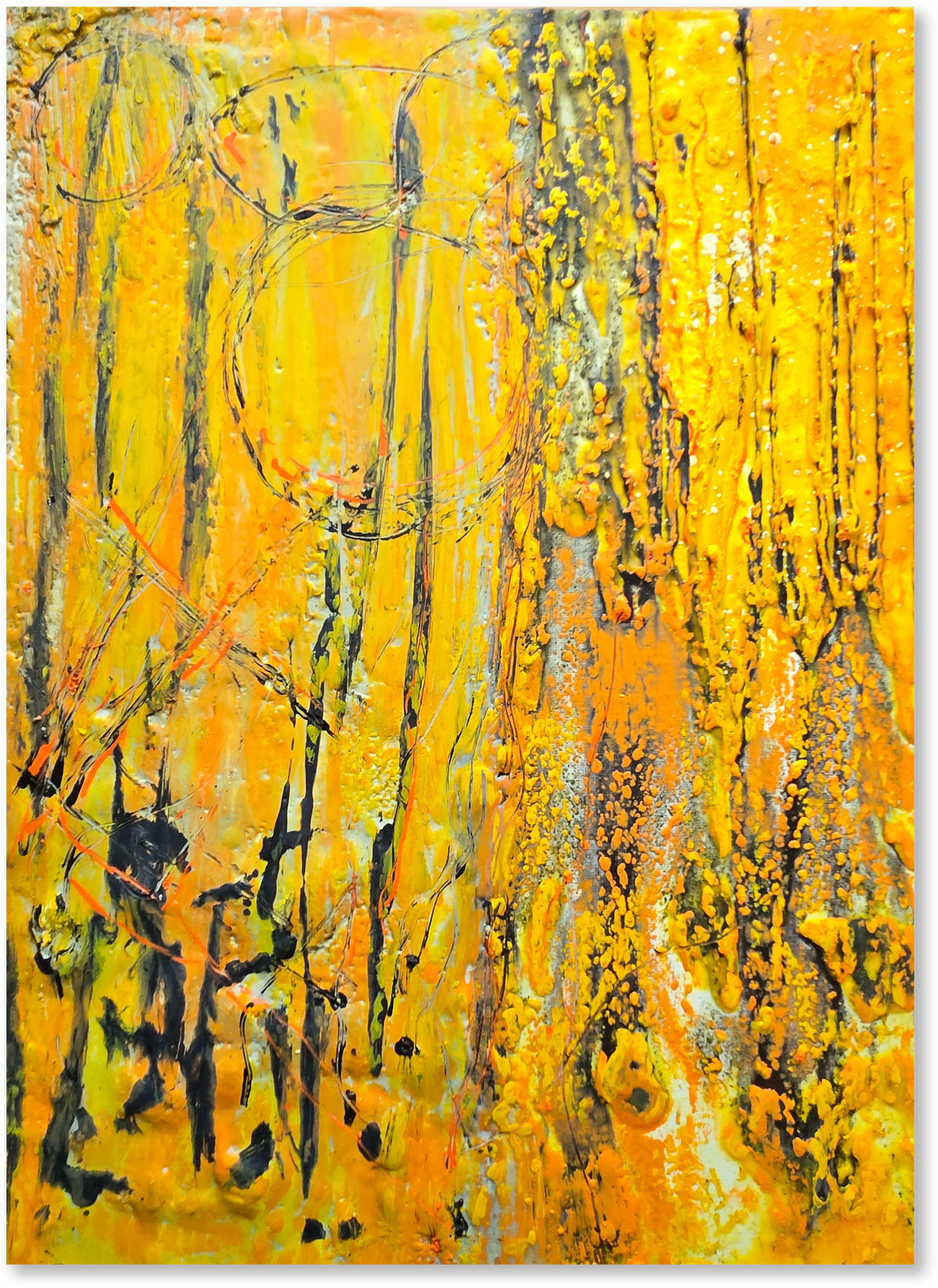 Abstract art piece with vibrant orange, yellow, and black colors.