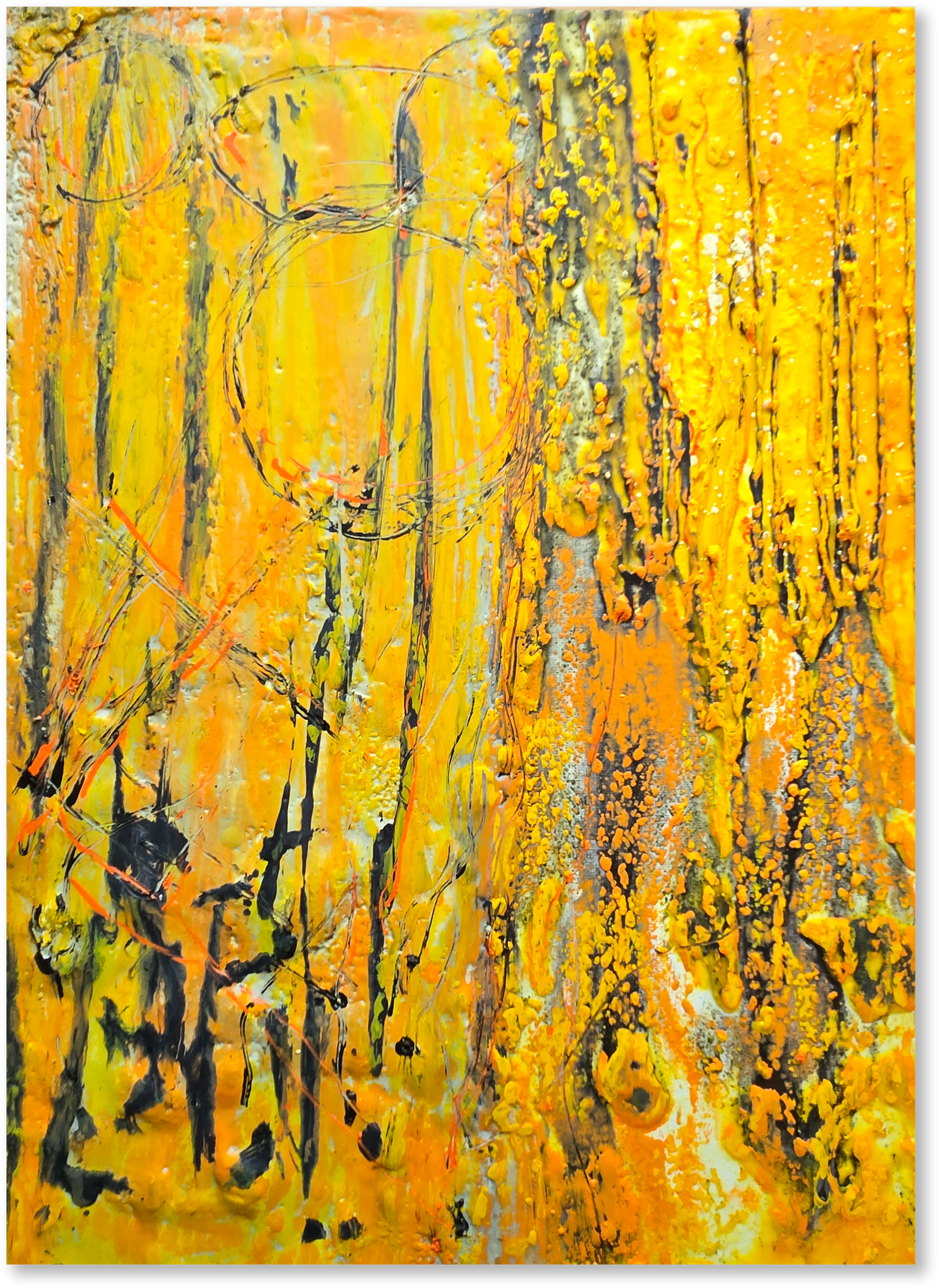 Abstract art piece with vibrant orange, yellow, and black colors.