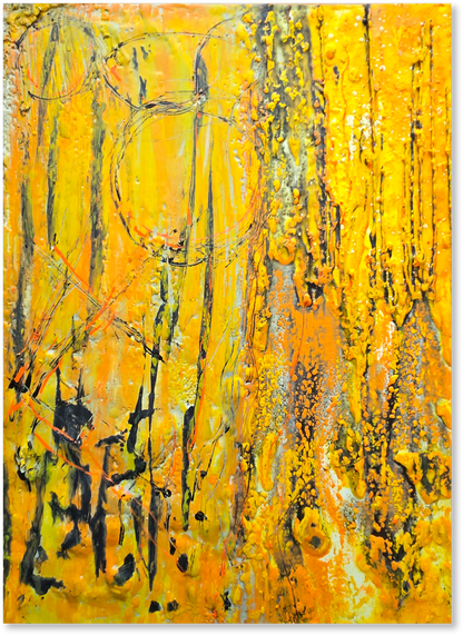 Abstract art piece with vibrant orange, yellow, and black colors.