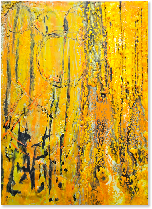 Abstract art piece with vibrant orange, yellow, and black colors.