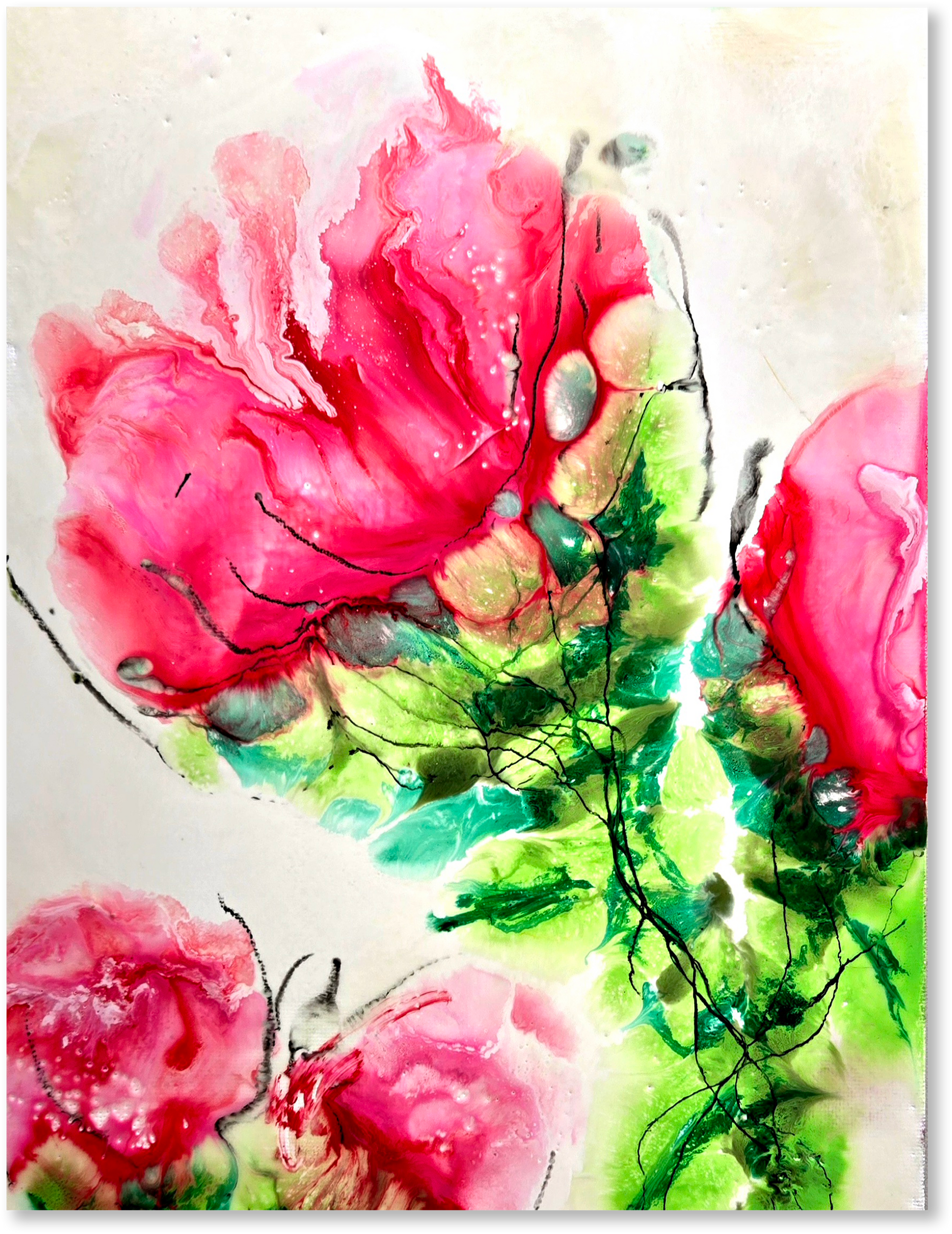 Abstract art piece with pink and green colors on a white background