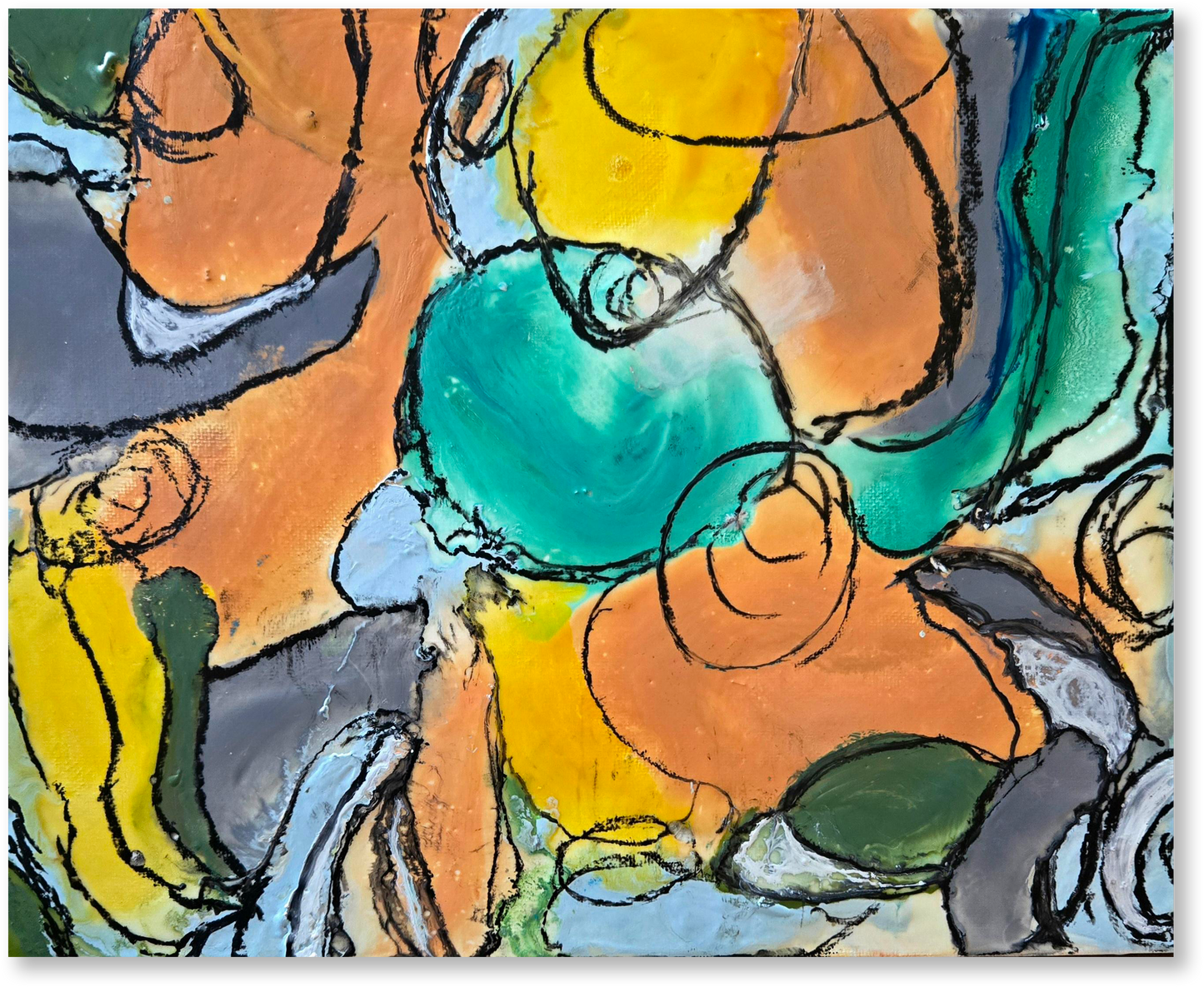 Abstract artwork with colorful shapes and textures