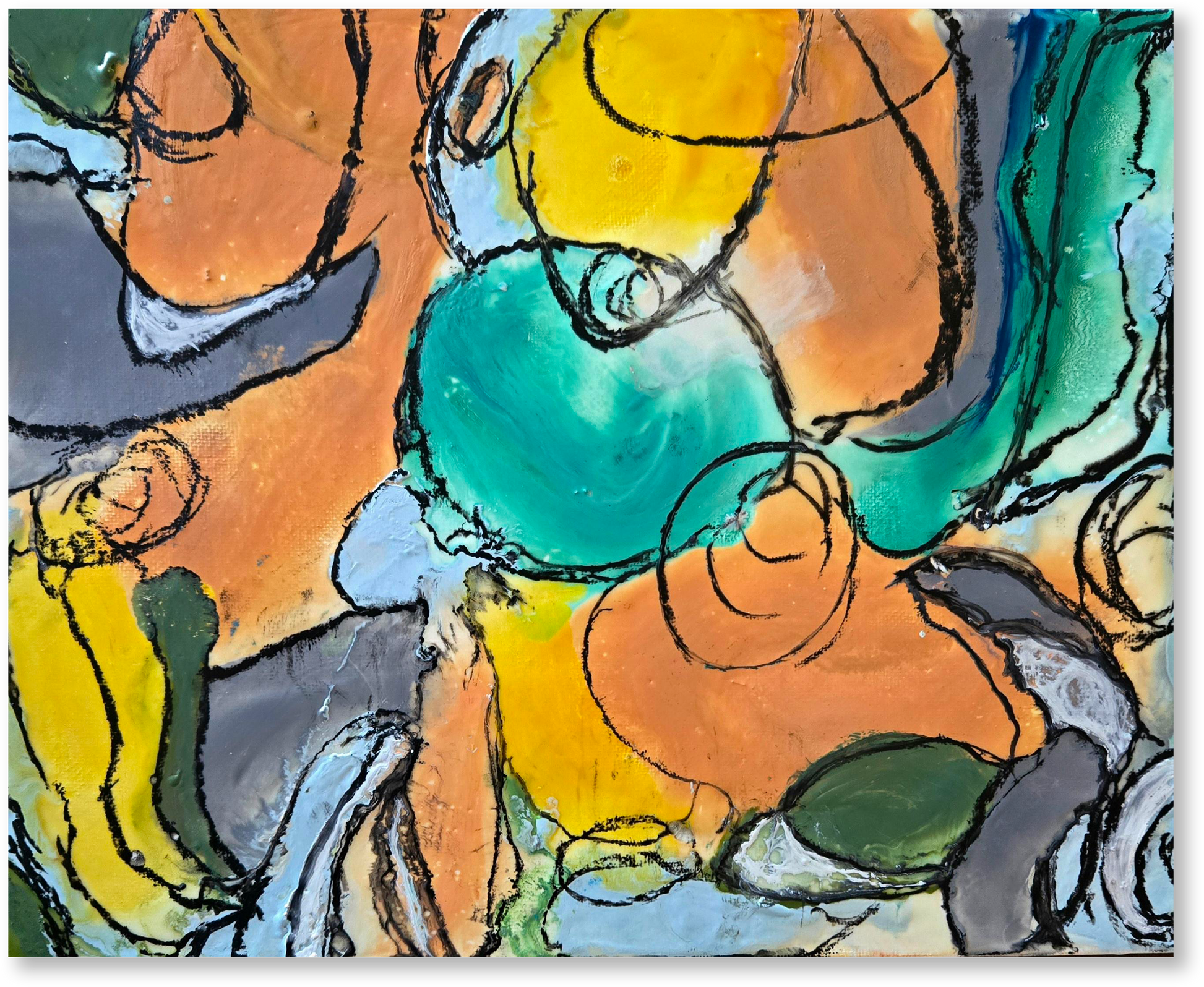 Abstract artwork with colorful shapes and textures