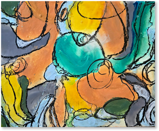 Abstract artwork with colorful shapes and textures