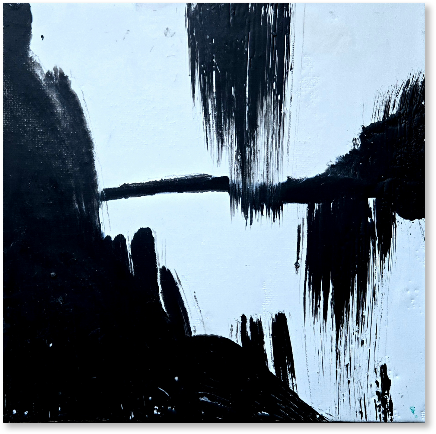 Abstract art piece with black and blue brush strokes on a light blue background