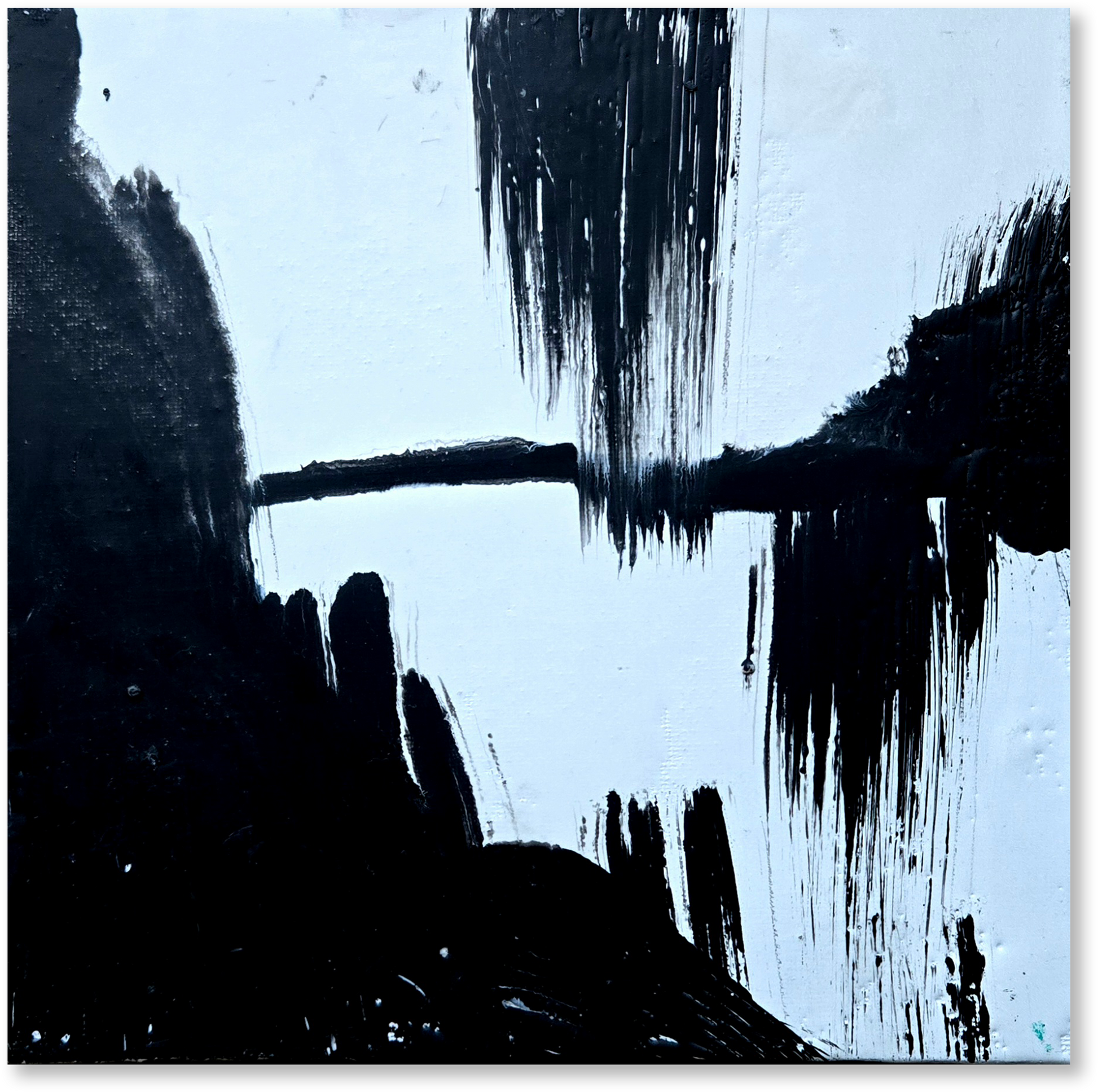 Abstract art piece with black and blue brush strokes on a light blue background