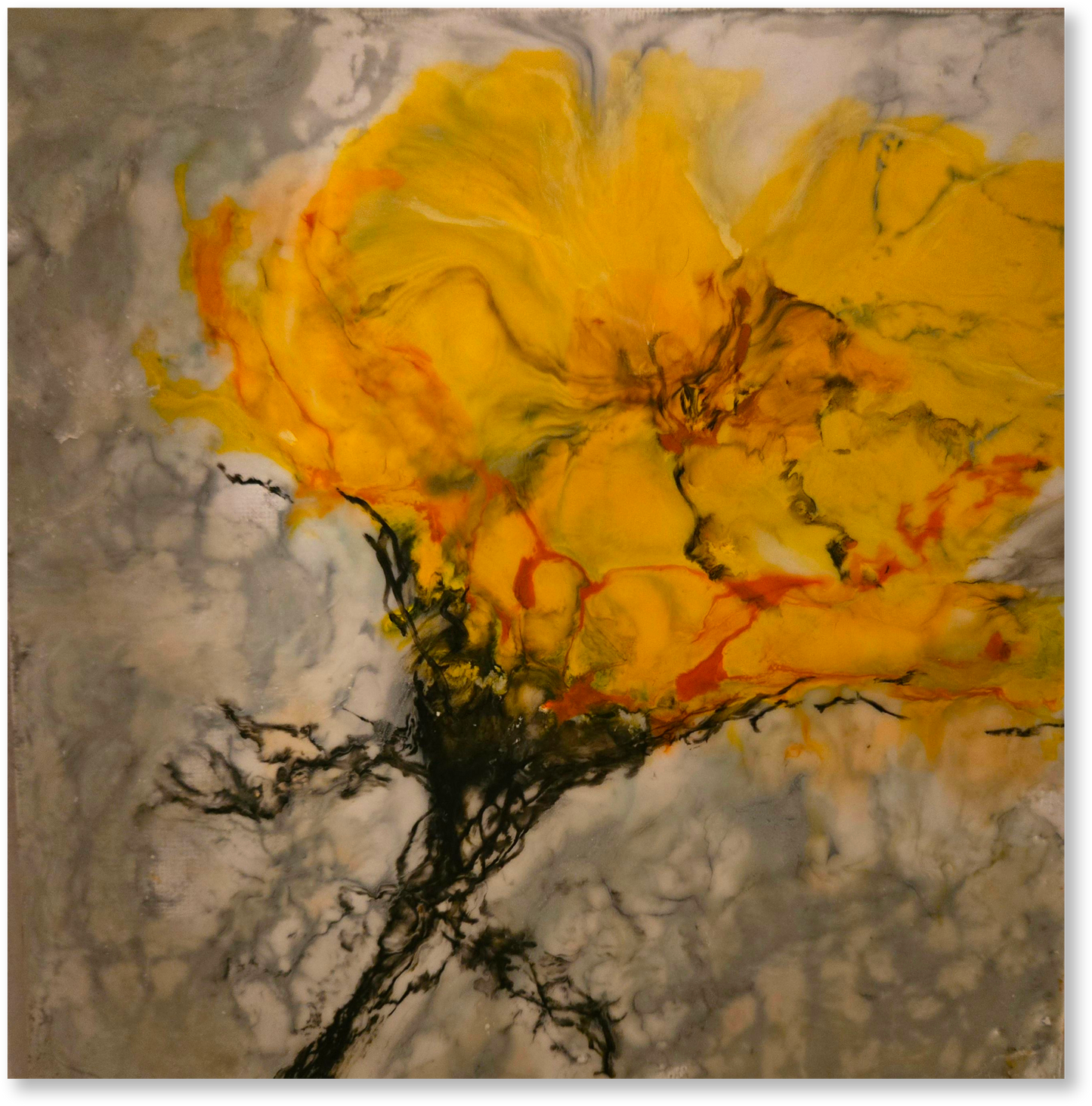 Abstract art piece with a large yellow flower-like shape on a textured gray background