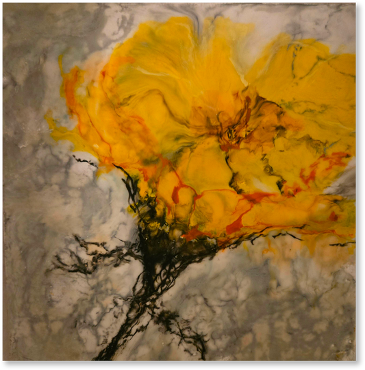 Abstract art piece with a large yellow flower-like shape on a textured gray background