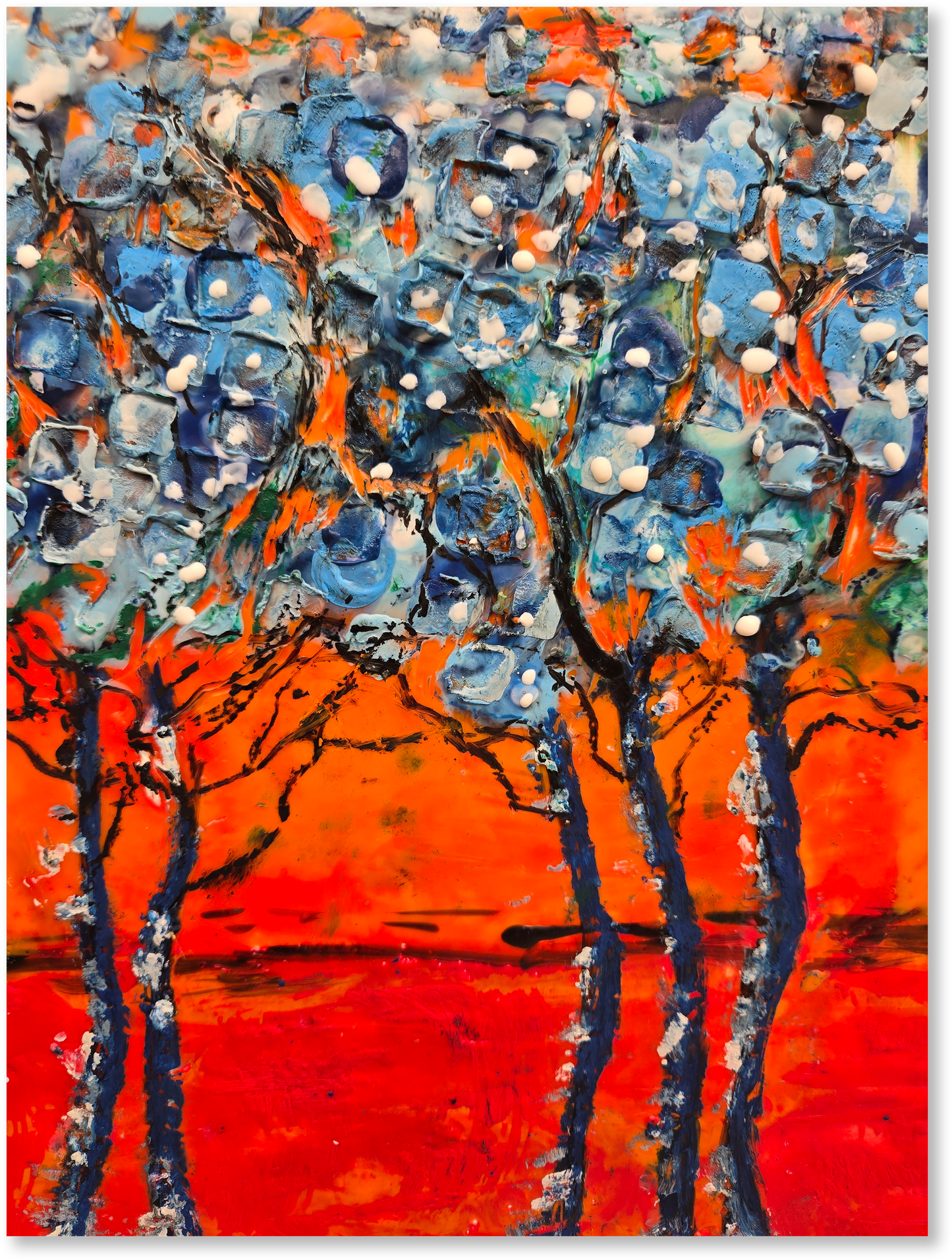 Abstract artwork with blue trees and orange background