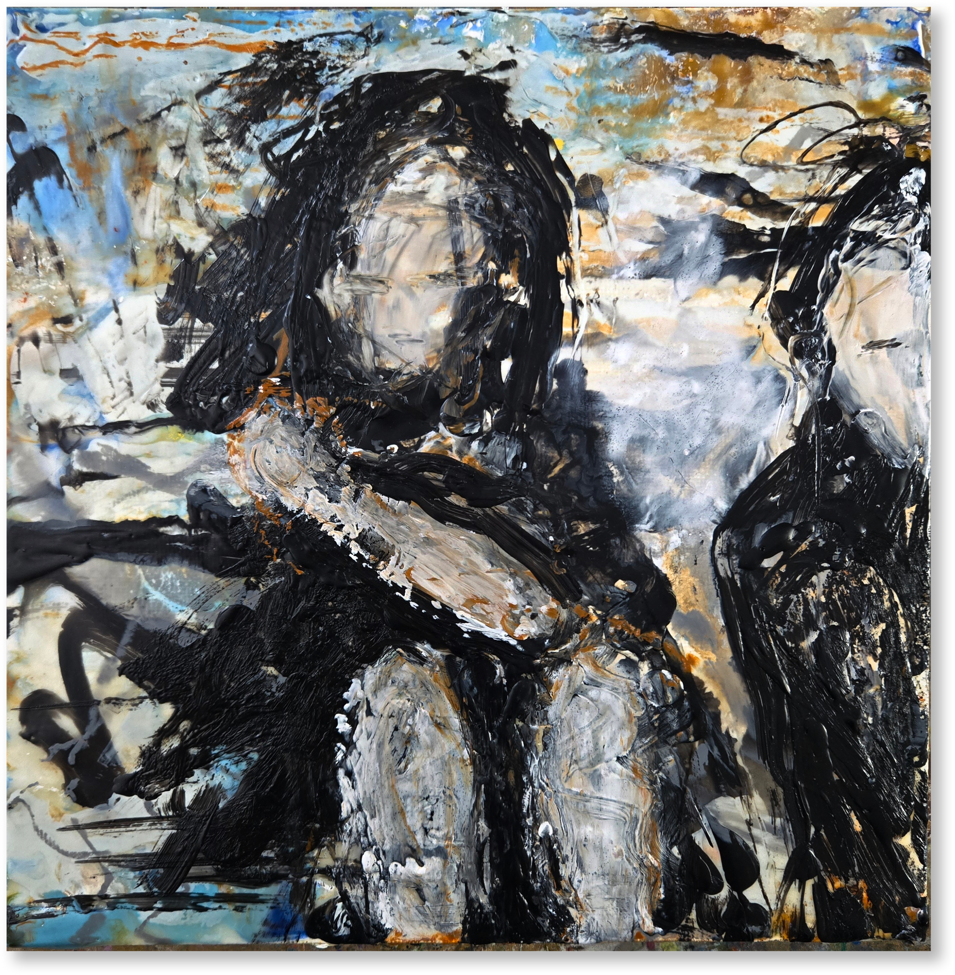 Abstract artwork with black, white, and gray brush strokes on a textured background