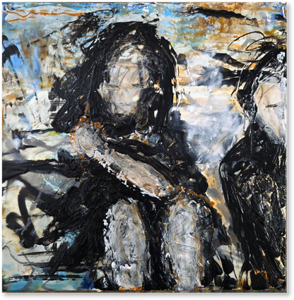 Abstract artwork with black, white, and gray brush strokes on a textured background