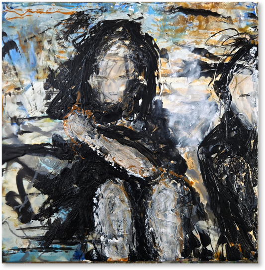 Abstract artwork with black, white, and gray brush strokes on a textured background