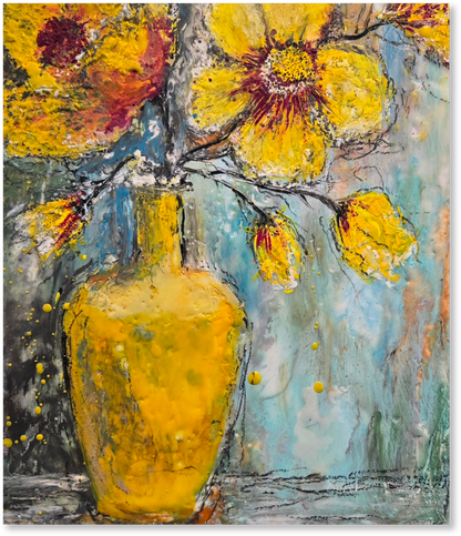 Abstract painting of a yellow vase with flowers on a gray background