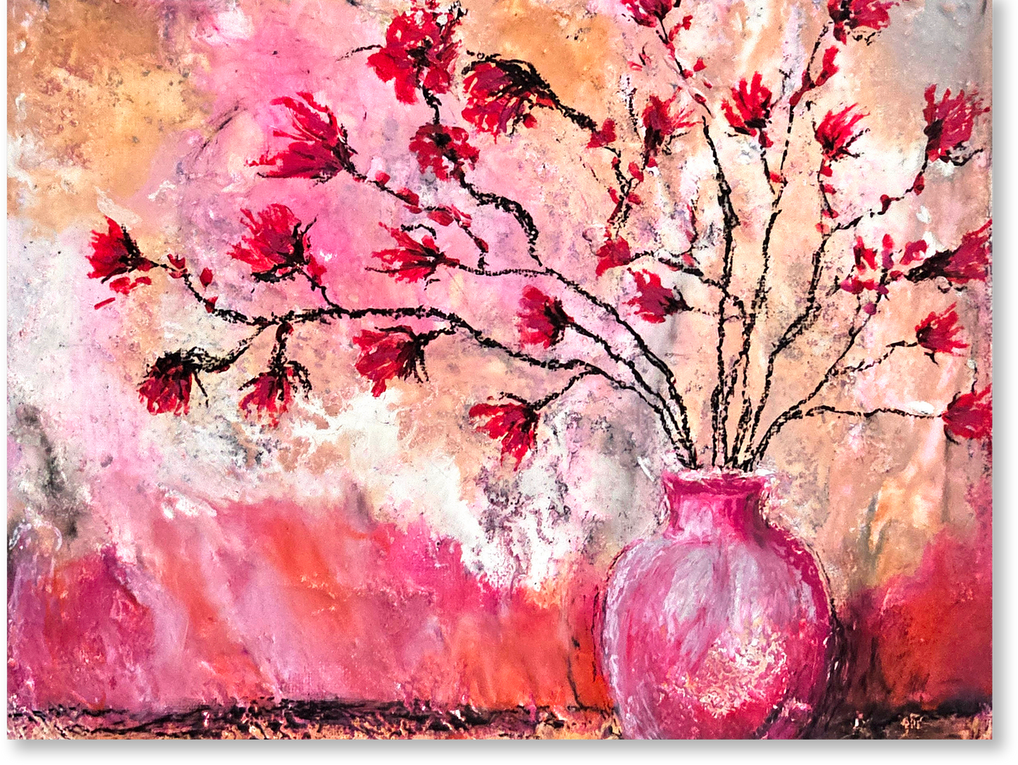 Artistic depiction of a pink vase with red flowers against a colorful abstract background