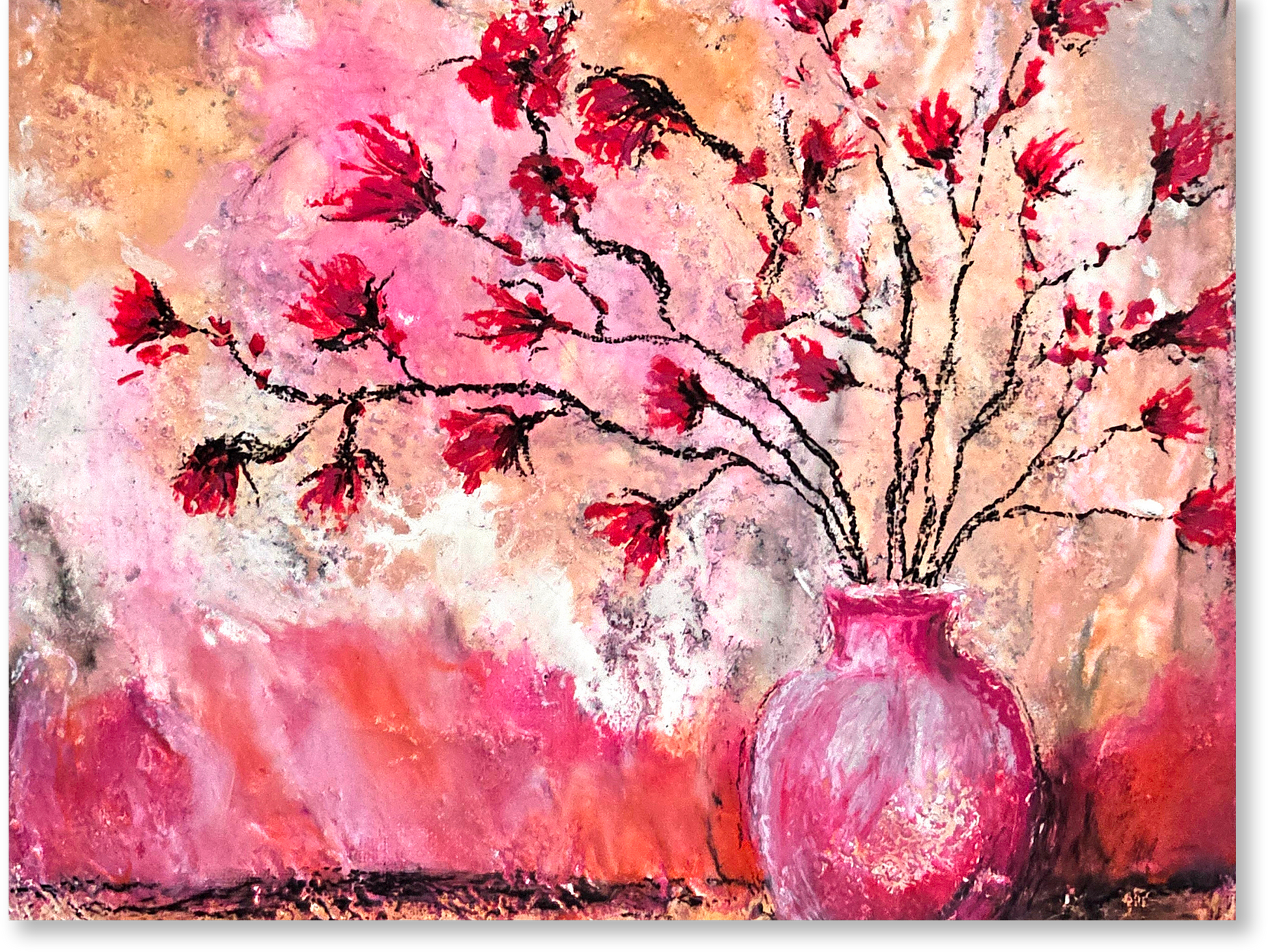 Artistic depiction of a pink vase with red flowers against a colorful abstract background